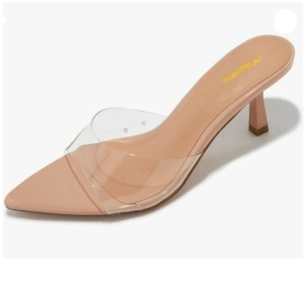Milooey Nude Comfy Kitten Heel Mules Open Pointed Toe Slide Sandals Shoes